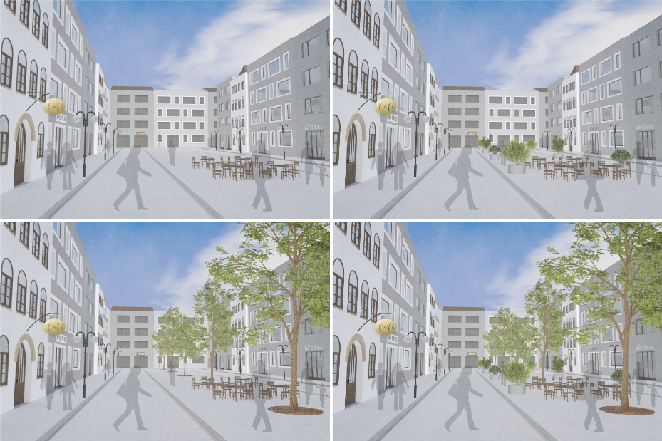 Vier Szenarien im Rahmen der Skalenentwicklung zur Messung urbaner Begrünung und Analyse der Auswirkungen auf das Verhalten der Konsument:innen.