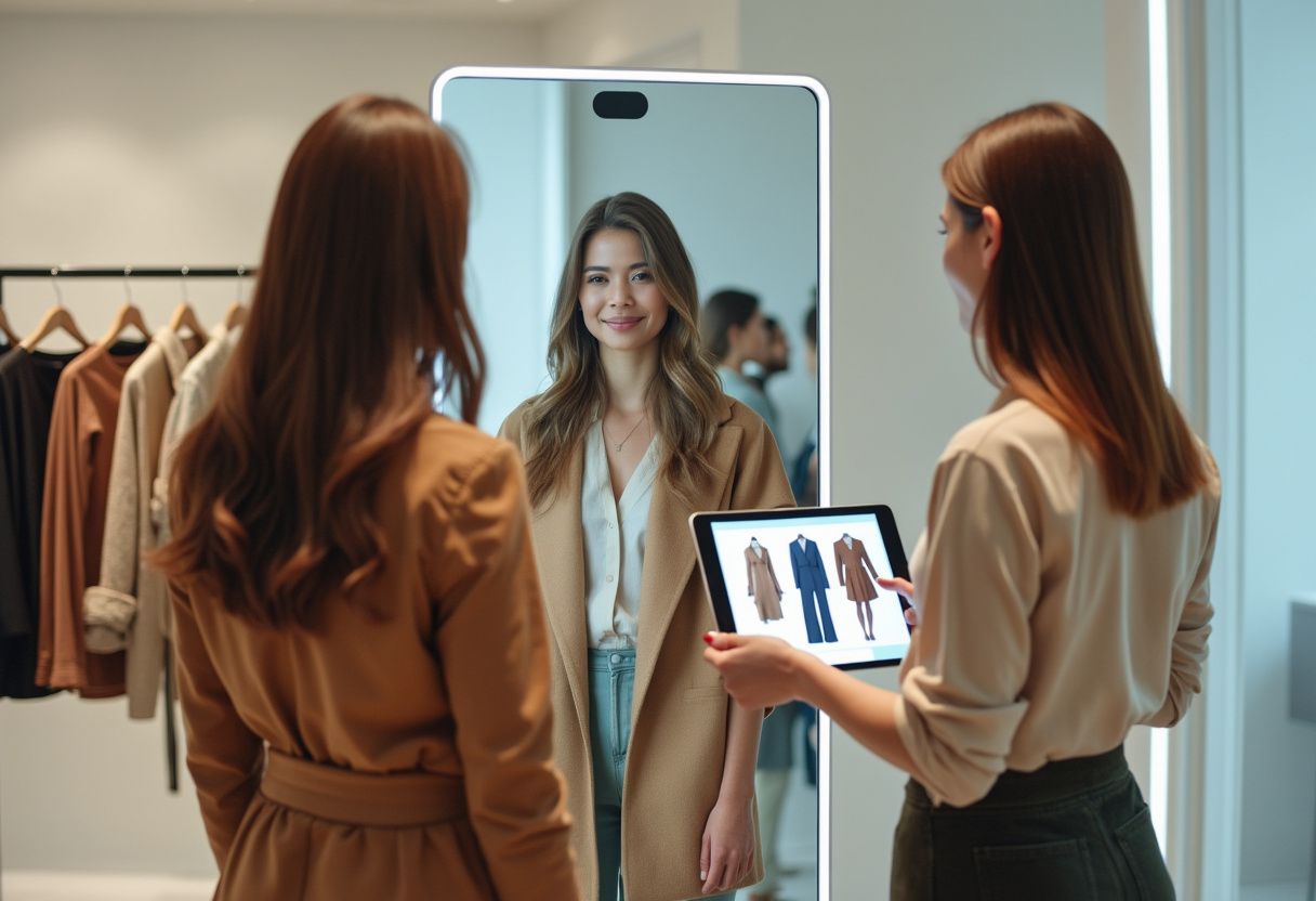 Eine interaktive Einkaufssituation in der Zukunft. Über einen Magic-Mirror können unterschiedliche Modell im stationären Einzelhandel virtuell probiert werden.