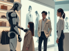 Eine KI-basierte Einkaufssituation in der Zukunft. KI-Roboter beraten im stationären Einzelhandel.